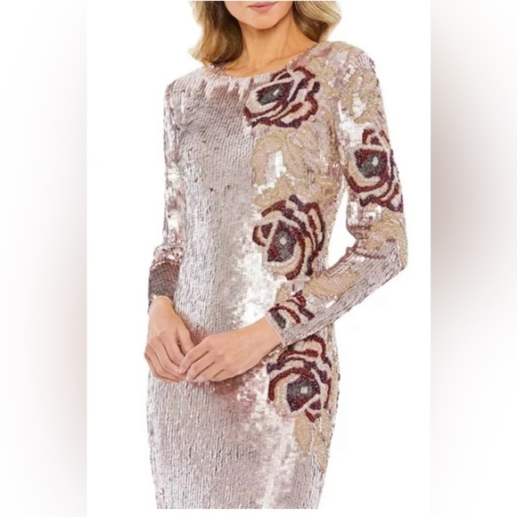 Mac Duggal 93624 NWT Sequin Asymmetrical Floral Long Sleeve Midi Dress - Picture 2 of 7